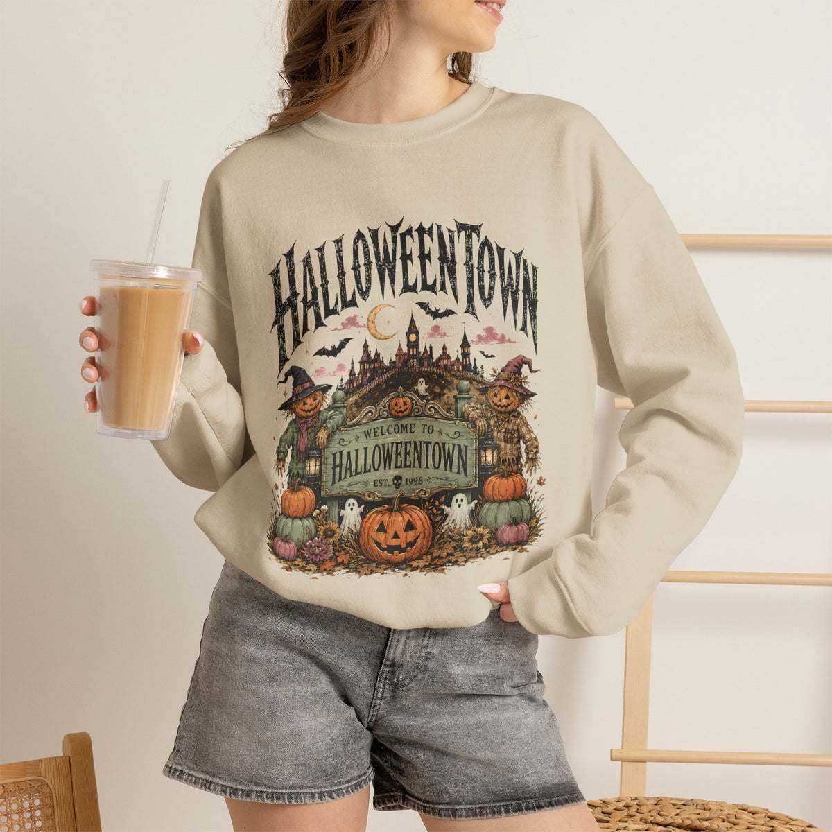 HalloweenTown Crewneck Sweatshirt – Vintage Halloween Pumpkin & Haunted Village Design